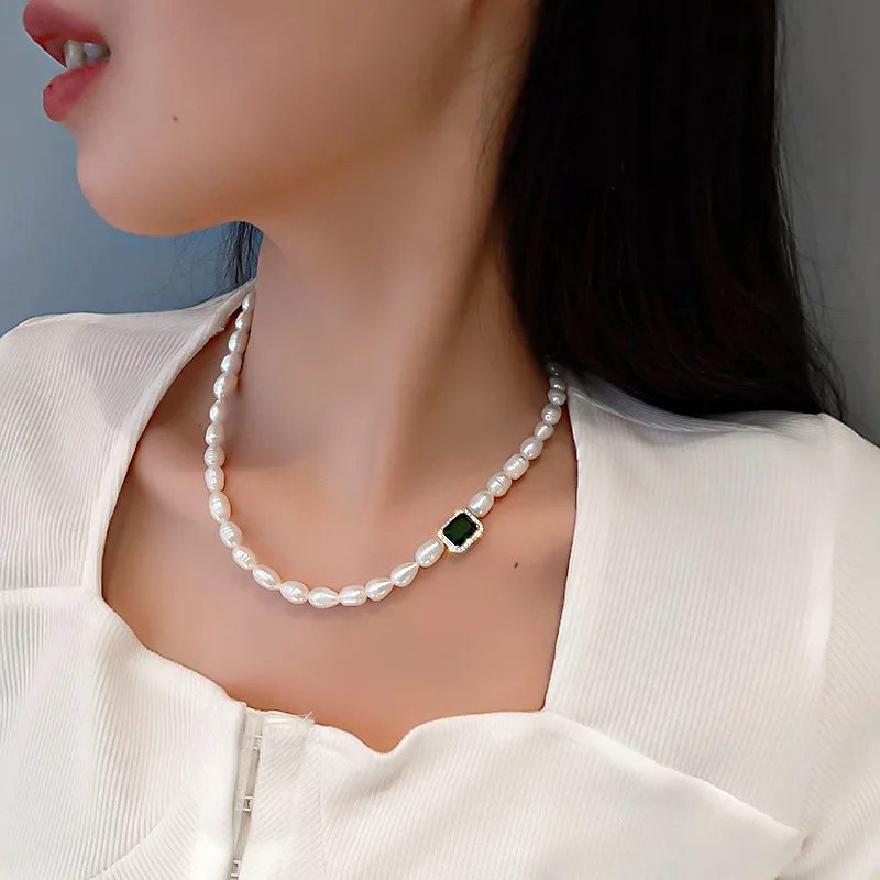 100% Natural Freshwater Pearl Trendy Green Square Crystal 14K Gold Filled Ladies Chain Necklace Jewelry For Women Gifts - Image 3
