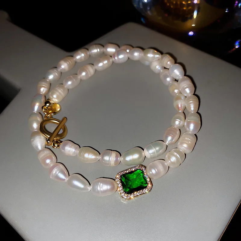 100% Natural Freshwater Pearl Trendy Green Square Crystal 14K Gold Filled Ladies Chain Necklace Jewelry For Women Gifts - Image 4