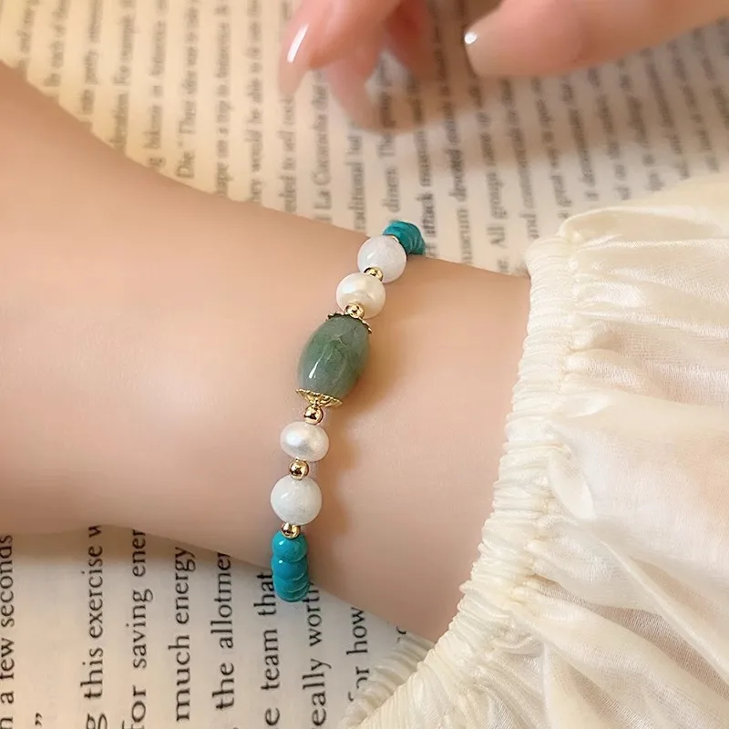 100% Natural Freshwater Pearl & Turquoise & Jade Stone 14K Gold Filled Female Beads Chain Bracelet Jewelry For Women Gifts Cheap - Image 2