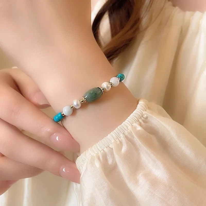 100% Natural Freshwater Pearl & Turquoise & Jade Stone 14K Gold Filled Female Beads Chain Bracelet Jewelry For Women Gifts Cheap - Image 4