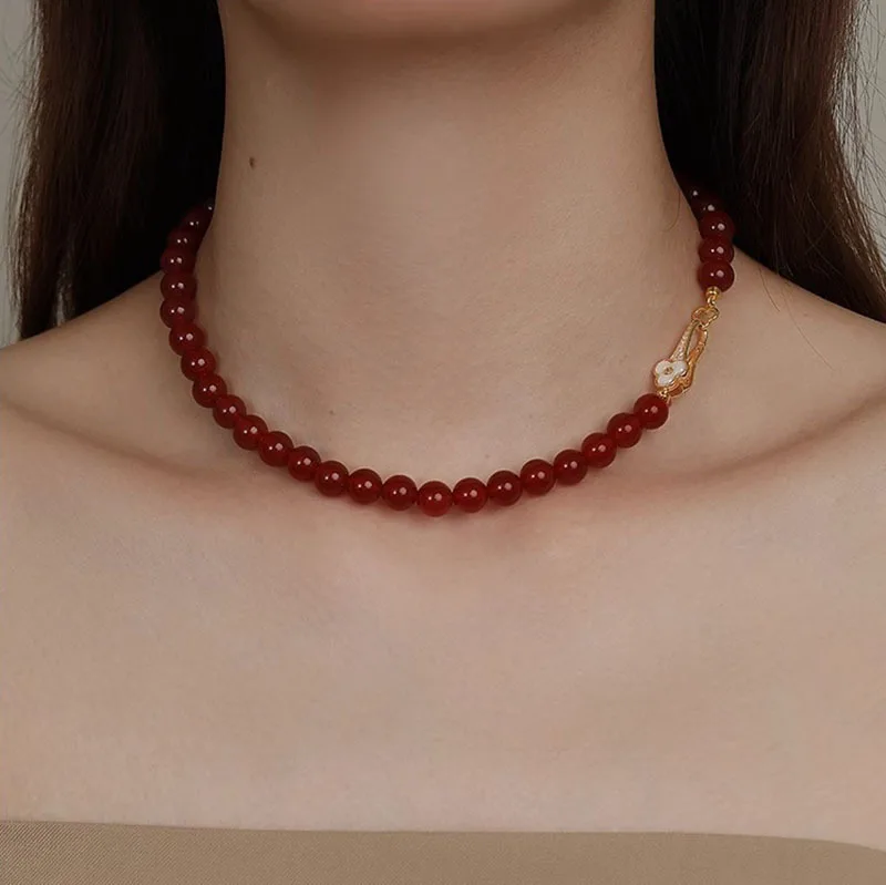 100% Natural Red Agate Stone Sweet Lucky Flower 14K Gold Filled Female Beads Chain Necklace Jewelry For Women Wedding Gifts - Image 3