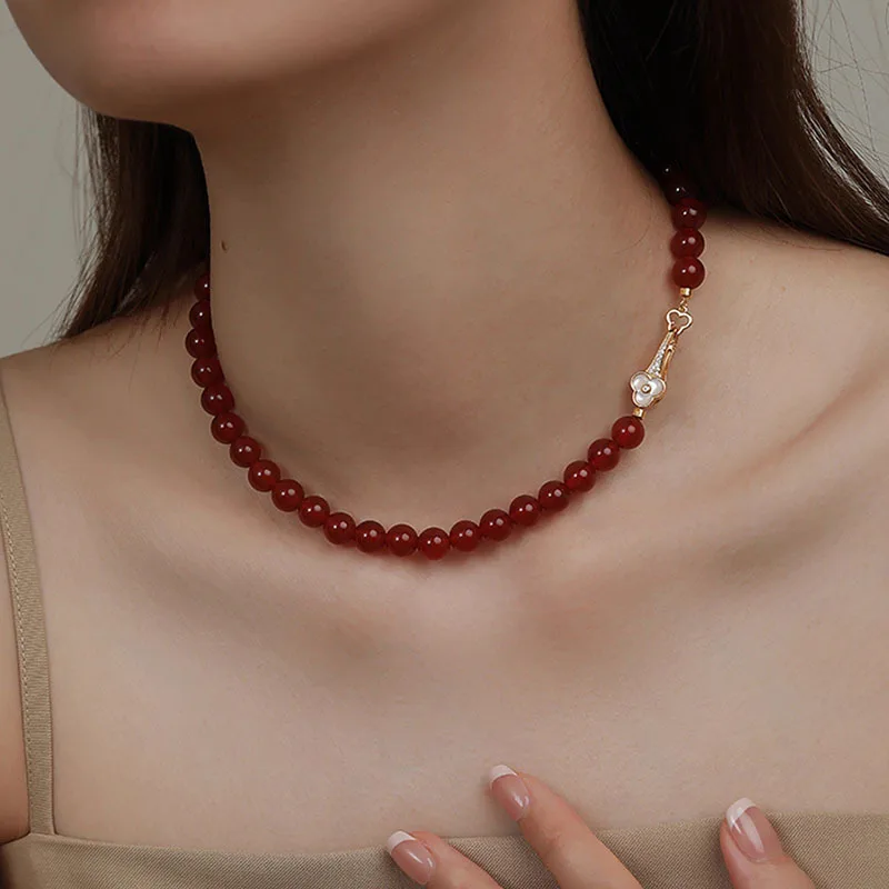 100% Natural Red Agate Stone Sweet Lucky Flower 14K Gold Filled Female Beads Chain Necklace Jewelry For Women Wedding Gifts