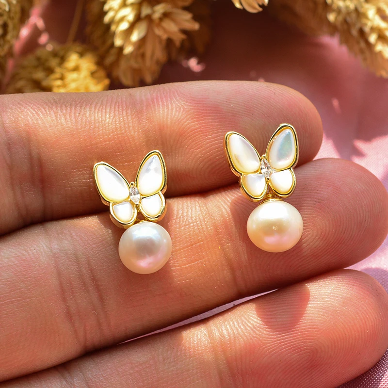 New Style Sweet Butterfly 100% Natural Freshwater Pearl 14K Gold Filled Ladies Tassels Stud Earrings Jewelry For Women Gift - Image 3