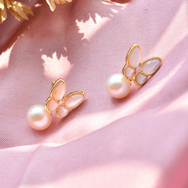 New Style Sweet Butterfly 100% Natural Freshwater Pearl 14K Gold Filled Ladies Tassels Stud Earrings Jewelry For Women Gift - Image 5