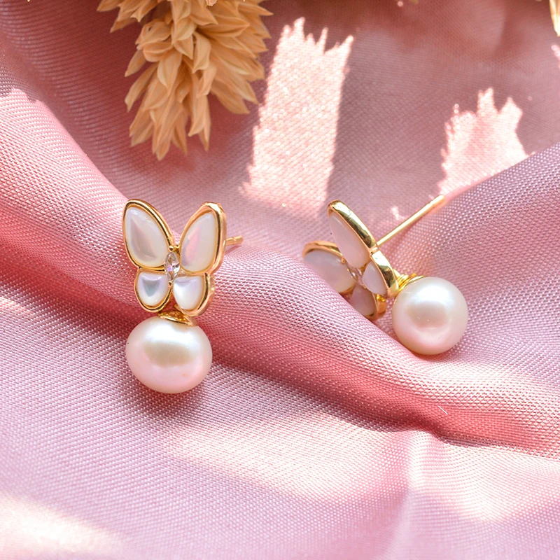 New Style Sweet Butterfly 100% Natural Freshwater Pearl 14K Gold Filled Ladies Tassels Stud Earrings Jewelry For Women Gift - Image 6