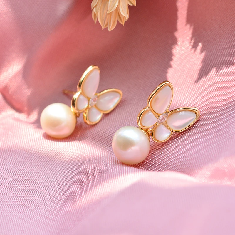 New Style Sweet Butterfly 100% Natural Freshwater Pearl 14K Gold Filled Ladies Tassels Stud Earrings Jewelry For Women Gift