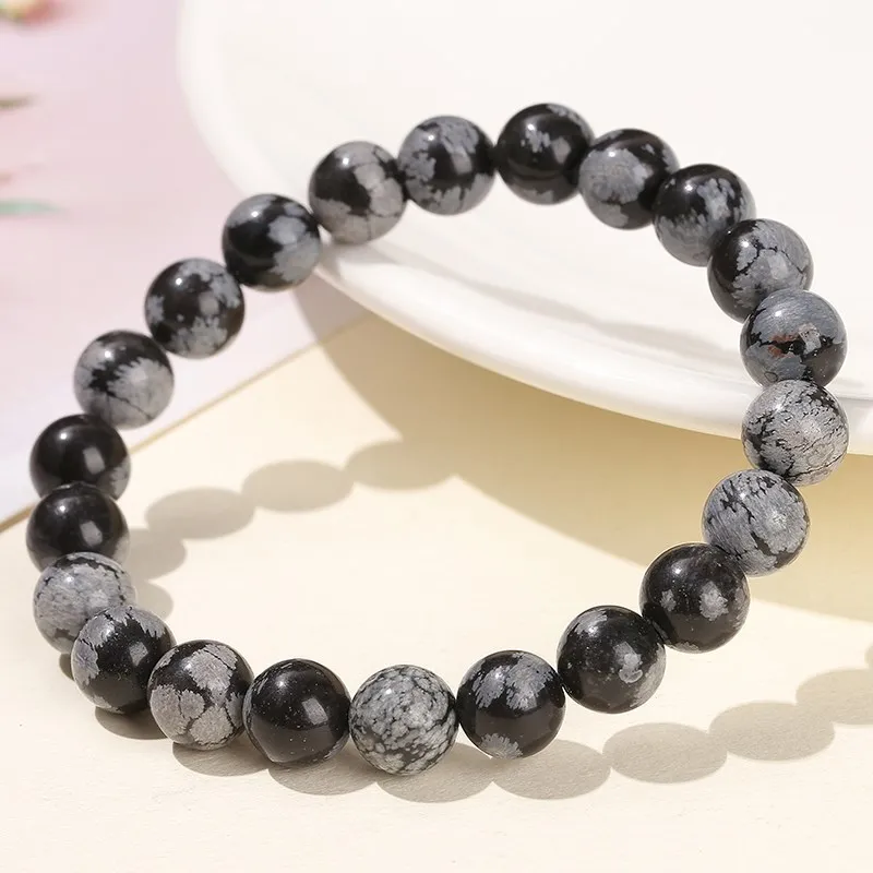 4-12MM Natural Stone Snowflake Stone Beads Elastic Bracelet Grey Black Color Smooth Round Beads Stretch Bracelet Jewelry - Image 4