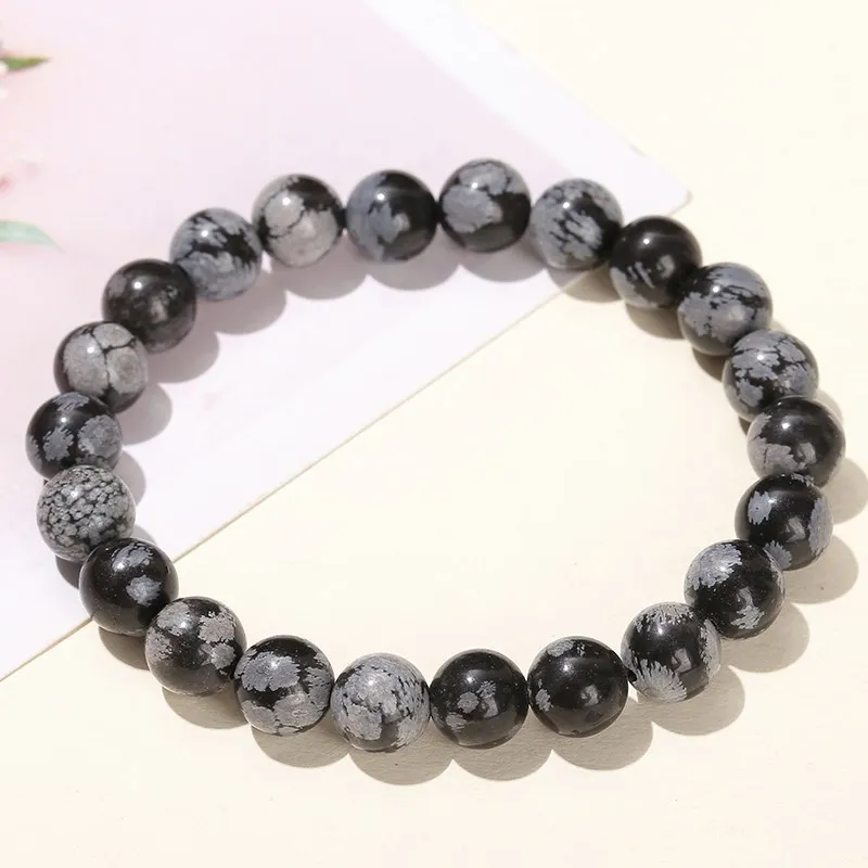 4-12MM Natural Stone Snowflake Stone Beads Elastic Bracelet Grey Black Color Smooth Round Beads Stretch Bracelet Jewelry