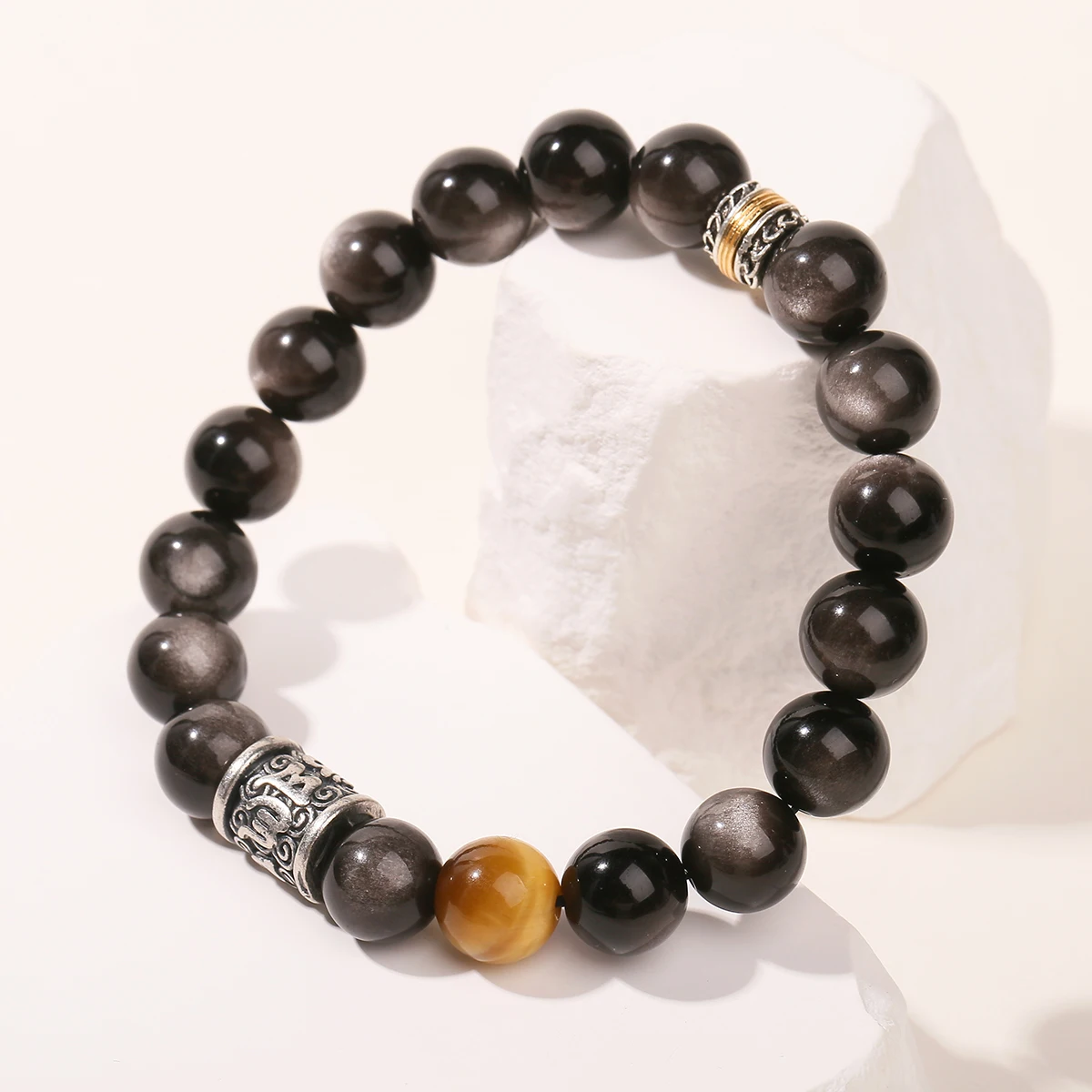 7A Natural Silver Color Obsidian Golden Tiger Eyes Stone Charm Bracelets Women Men Sanskrit Yoga Meditation Buddhist Pulseira - Image 2