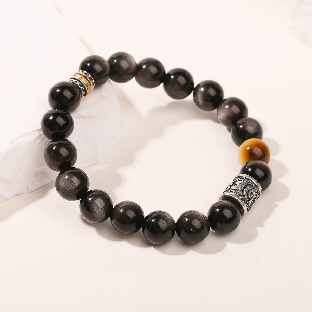 7A Natural Silver Color Obsidian Golden Tiger Eyes Stone Charm Bracelets Women Men Sanskrit Yoga Meditation Buddhist Pulseira