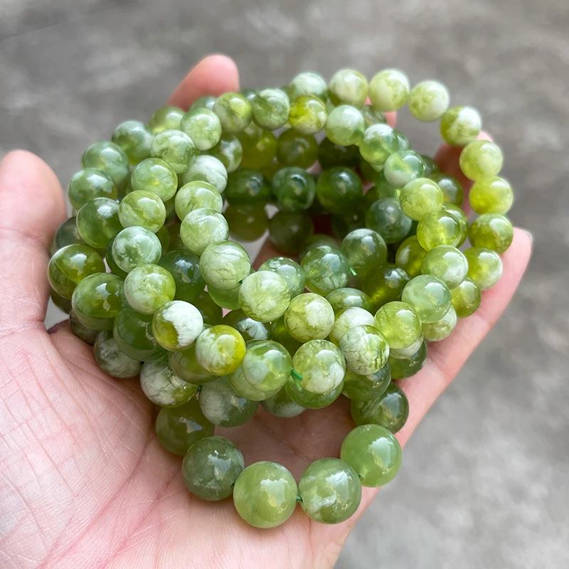 7A Quality Natural Stone Green and White Serpentine Jade Charm Bracelets Women Fashion Chic Round Bead Elastic Bracelets - Image 2