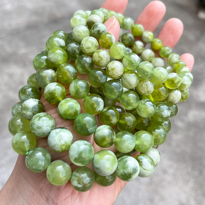 7A Quality Natural Stone Green and White Serpentine Jade Charm Bracelets Women Fashion Chic Round Bead Elastic Bracelets - Image 3