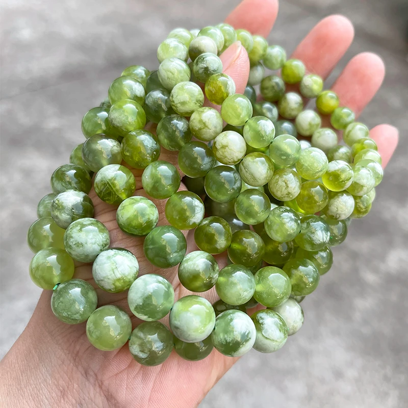 7A Quality Natural Stone Green and White Serpentine Jade Charm Bracelets Women Fashion Chic Round Bead Elastic Bracelets