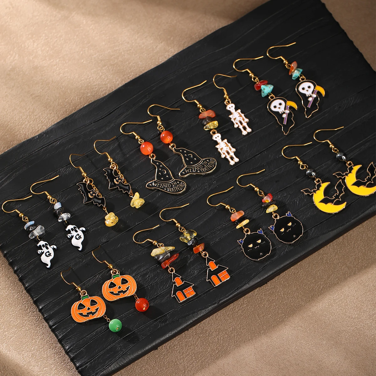Halloween Series Earrings with Natural Stone Drop Pumpkin Bat Spider Crystal Chip Dangles Healing Earing for Women Party Gift - Image 3