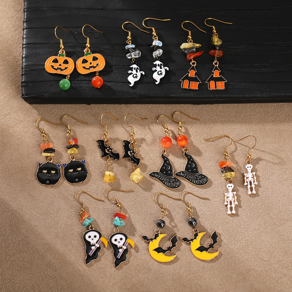 Halloween Series Earrings with Natural Stone Drop Pumpkin Bat Spider Crystal Chip Dangles Healing Earing for Women Party Gift
