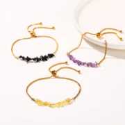Natural Chip Stone Crystal Bracelet Amethysts Pink Quartz Healing Stainless Steel Bracelet for Women Simple Yoga Jewelry