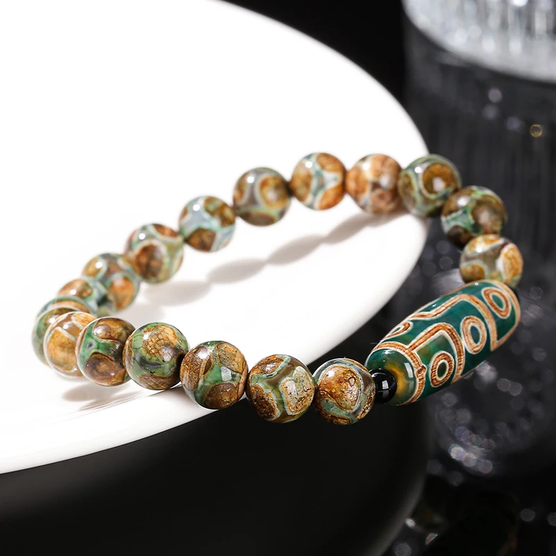 Natural Green Nine Eyes Tibetan Dzi Agate Barrel Beads Bracelet Women Men Retro Healing Buddha Prayer Charm Yoga Jewelry Gift - Image 2
