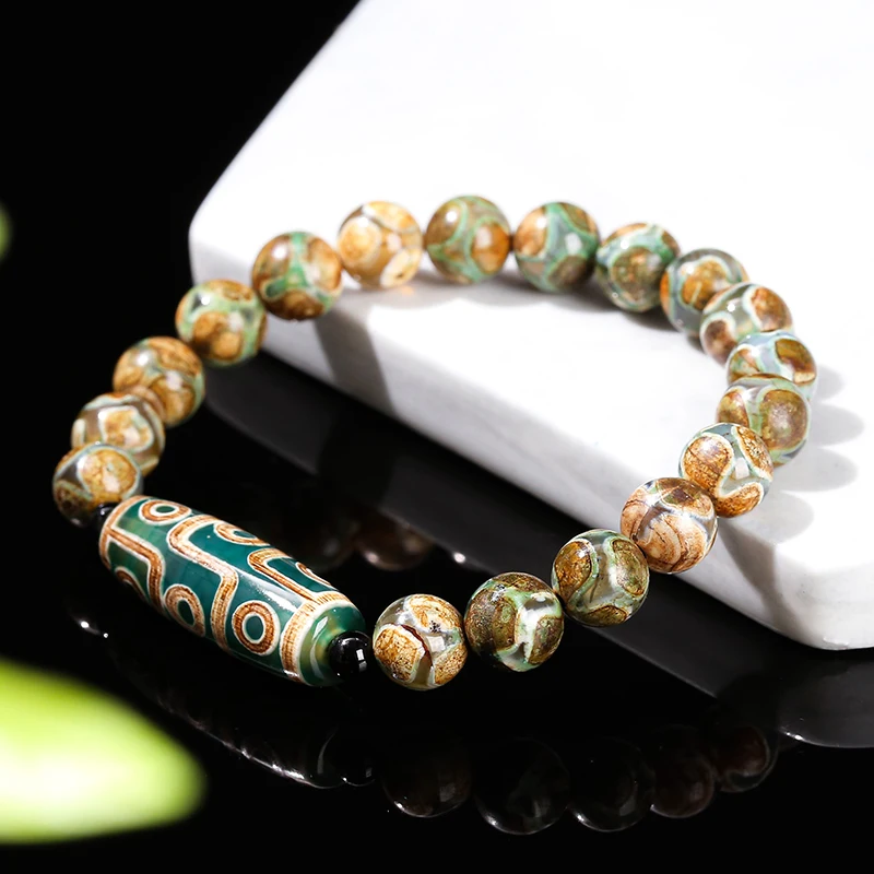 Natural Green Nine Eyes Tibetan Dzi Agate Barrel Beads Bracelet Women Men Retro Healing Buddha Prayer Charm Yoga Jewelry Gift - Image 3