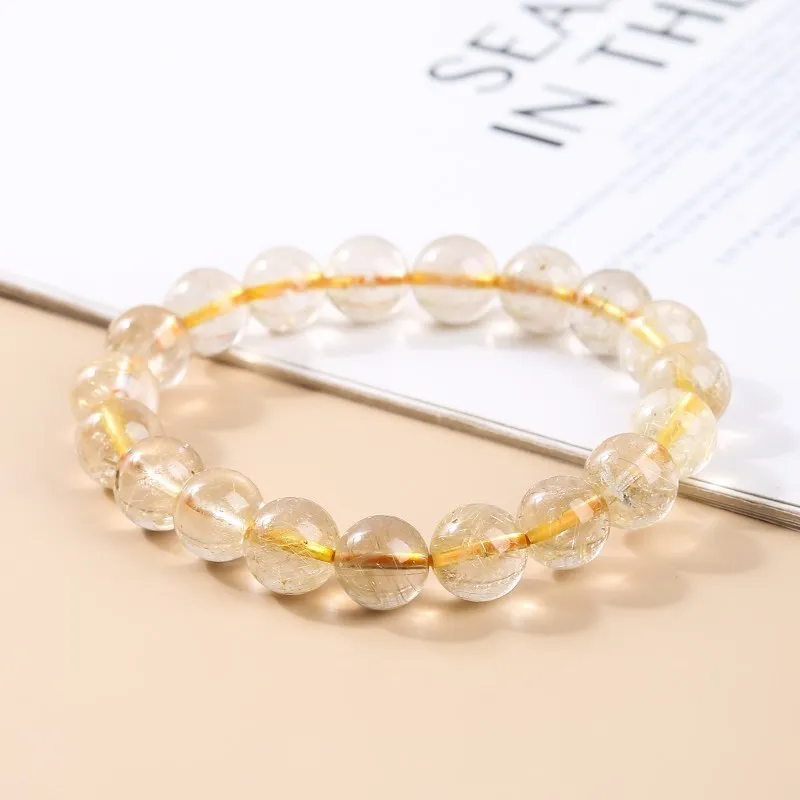 Natural Ice Gold Color Rutilated Quartz Bead Bracelet Women Fashion Reiki Healing Crystal Clear Bead Strand Bangles Gifts - Image 2