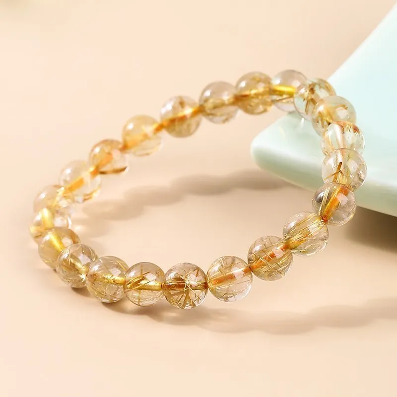 Natural Ice Gold Color Rutilated Quartz Bead Bracelet Women Fashion Reiki Healing Crystal Clear Bead Strand Bangles Gifts - Image 3
