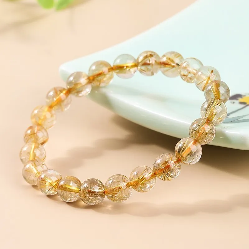 Natural Ice Gold Color Rutilated Quartz Bead Bracelet Women Fashion Reiki Healing Crystal Clear Bead Strand Bangles Gifts - Image 4