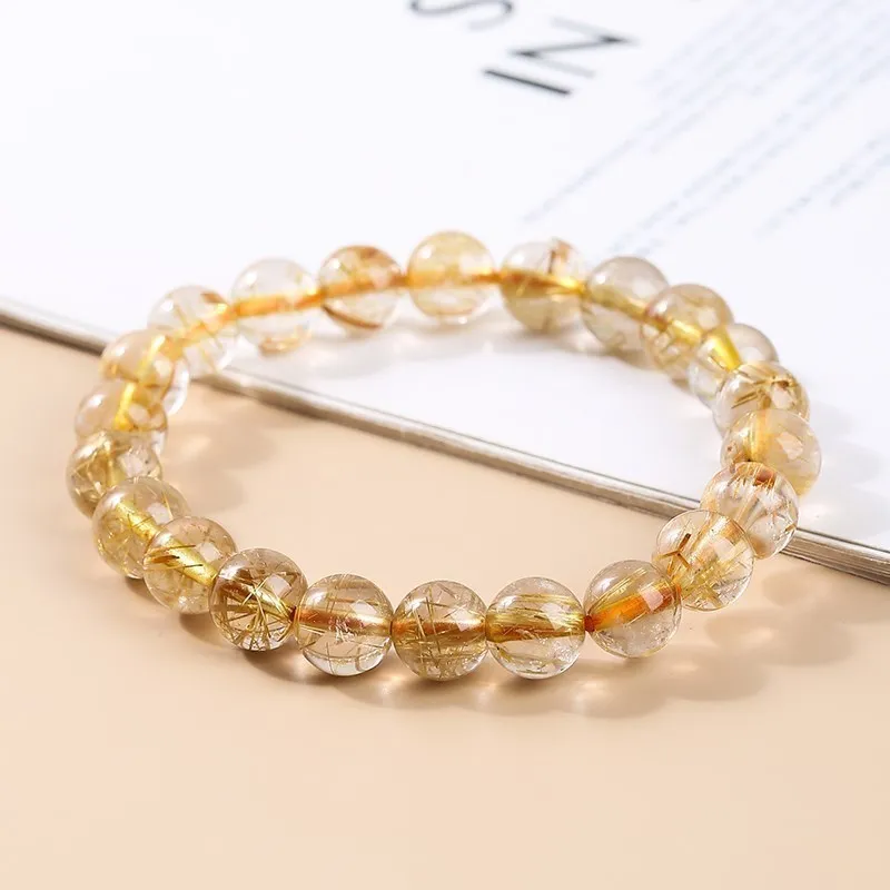 Natural Ice Gold Color Rutilated Quartz Bead Bracelet Women Fashion Reiki Healing Crystal Clear Bead Strand Bangles Gifts