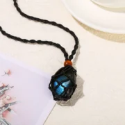 Natural Labradorite Stone Black Rope Mesh Pendulum Pendant Necklace Women Men Vintage Irregular Blue Irisation Charms Gift