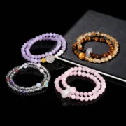 Natural Stone 2-Layer Beaded Bracelet Yellow Tiger Eye Stone Citrine Round Ring Strand Elastic Bangles Wrist Wealth Jewelry