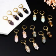 Natural Stone Amethyst Pink Quartz Black Obsidian Hexagonal Cylindrical Earrings Women Mineral Handmade Charm Dangle Earrings
