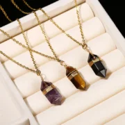 Natural Stone Amethyst Yellow Tiger Eye Obsidian Hexagon Column Charm Necklace Women Men Fashion Energy Healing Chain Choker