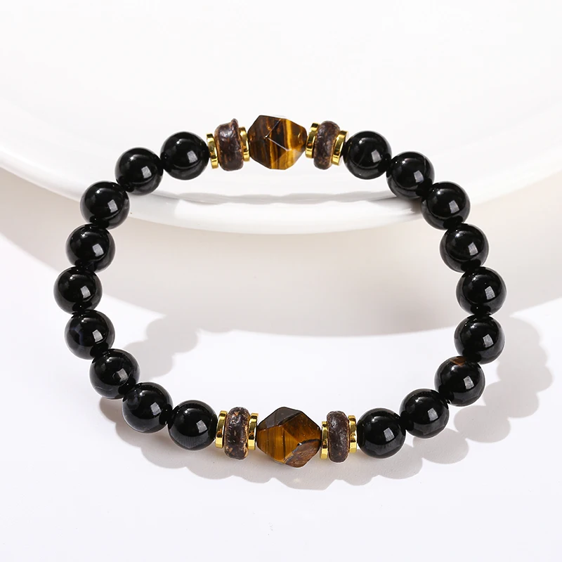 Natural Stone Black Agate Yellow Tiger Eye Faceted Bead Strand Bracelet Women Men Bohe Style Yoga Healing Energy Jewelry - Image 2
