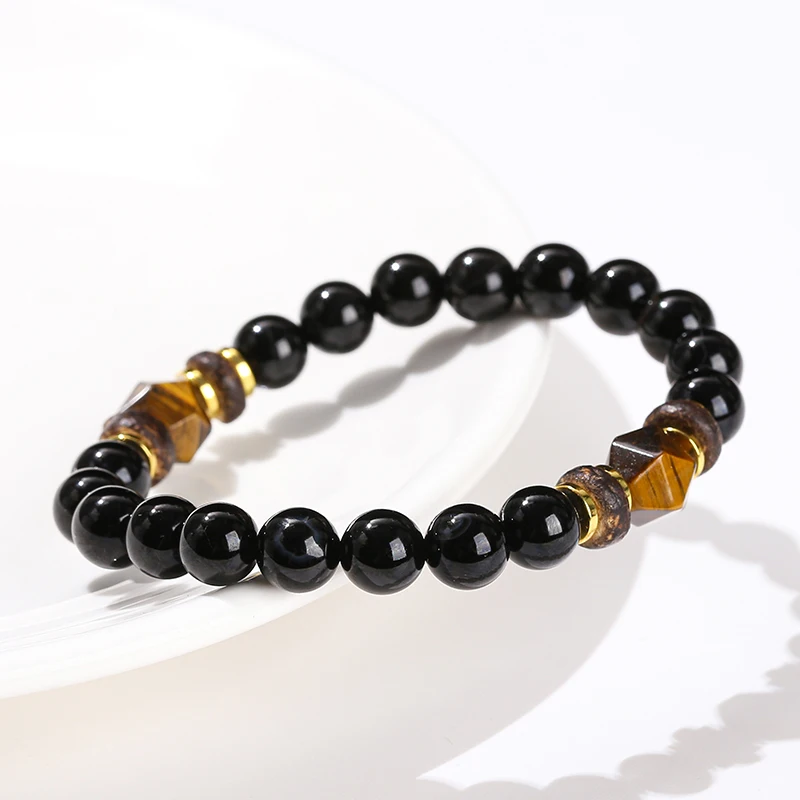 Natural Stone Black Agate Yellow Tiger Eye Faceted Bead Strand Bracelet Women Men Bohe Style Yoga Healing Energy Jewelry - Image 3