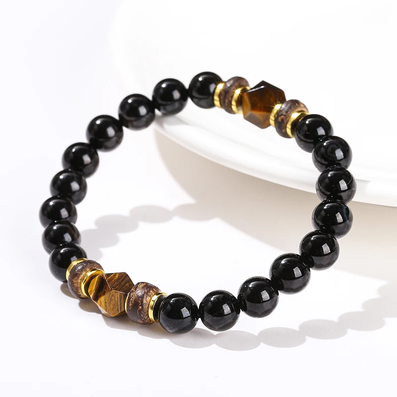 Natural Stone Black Agate Yellow Tiger Eye Faceted Bead Strand Bracelet Women Men Bohe Style Yoga Healing Energy Jewelry