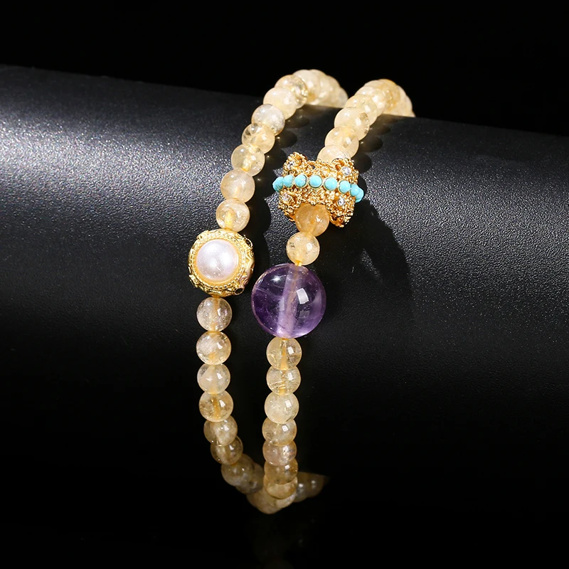 Natural Stone Citrine Amethyst Lucky Shell Bead Ring 2-Layer Bracelet Women Genuine Wealth Crystal Elastic Bangles For Female - Image 2