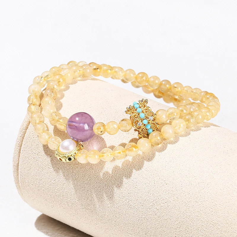 Natural Stone Citrine Amethyst Lucky Shell Bead Ring 2-Layer Bracelet Women Genuine Wealth Crystal Elastic Bangles For Female - Image 3