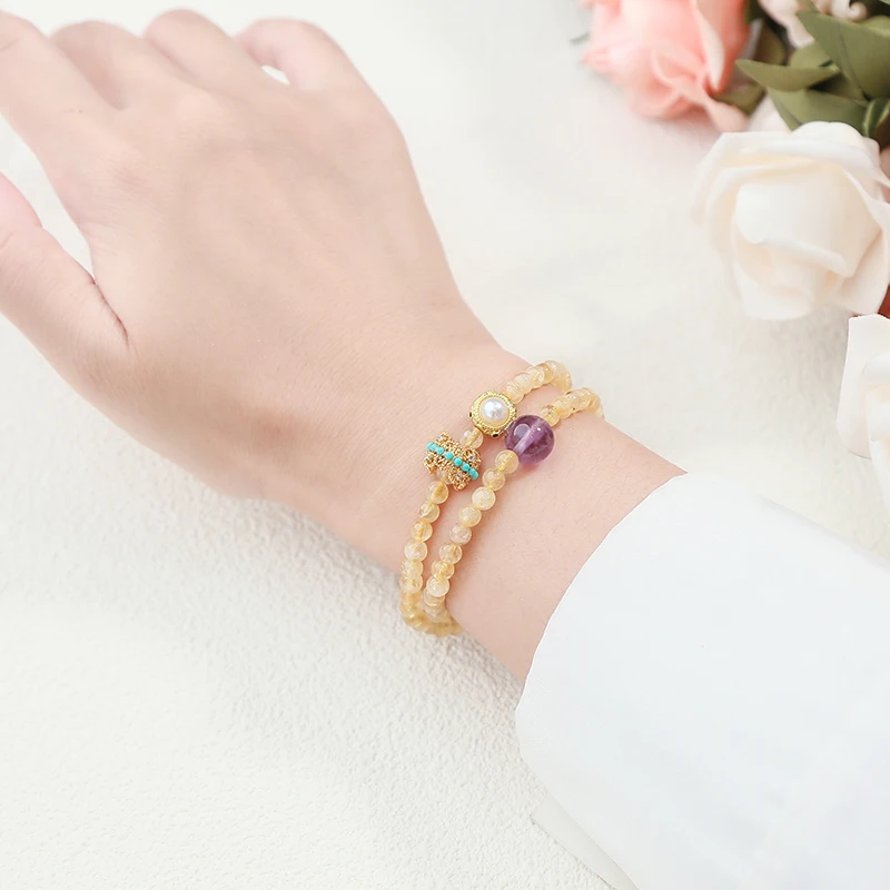 Natural Stone Citrine Amethyst Lucky Shell Bead Ring 2-Layer Bracelet Women Genuine Wealth Crystal Elastic Bangles For Female - Image 5