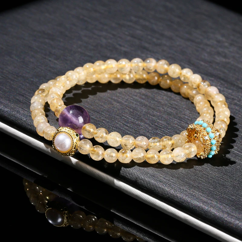 Natural Stone Citrine Amethyst Lucky Shell Bead Ring 2-Layer Bracelet Women Genuine Wealth Crystal Elastic Bangles For Female