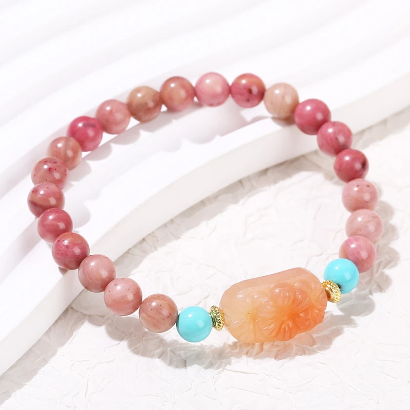 Natural Stone Rhodochrosite Bead Agate Carved Rectangular Bracelet Women Elegant Luxury Single Circle Yoga Energy Jewelry - Image 3
