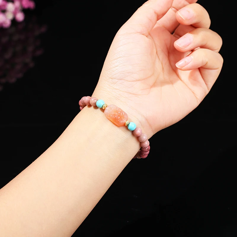 Natural Stone Rhodochrosite Bead Agate Carved Rectangular Bracelet Women Elegant Luxury Single Circle Yoga Energy Jewelry - Image 4
