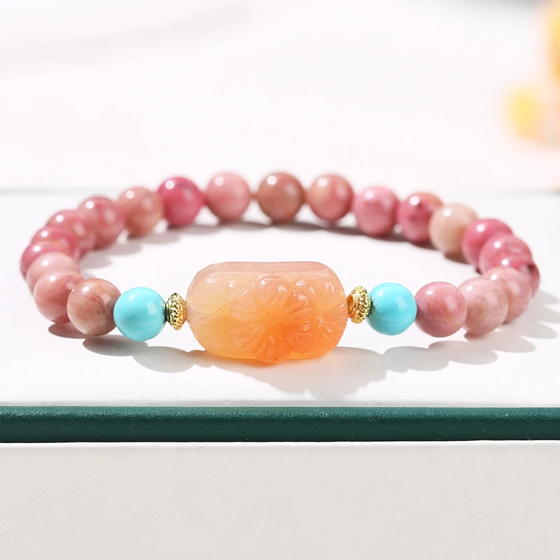 Natural Stone Rhodochrosite Bead Agate Carved Rectangular Bracelet Women Elegant Luxury Single Circle Yoga Energy Jewelry - Image 5