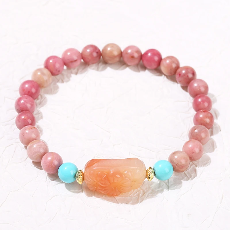 Natural Stone Rhodochrosite Bead Agate Carved Rectangular Bracelet Women Elegant Luxury Single Circle Yoga Energy Jewelry
