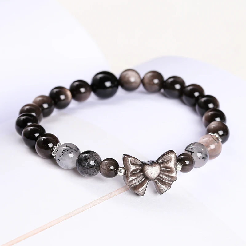 Natural Stone Silver Color Shiny Obsidian Bow Strand Bracelet Women Fashion Luxury New Design Sweet Bangles Yoga Couple Gift - Image 3