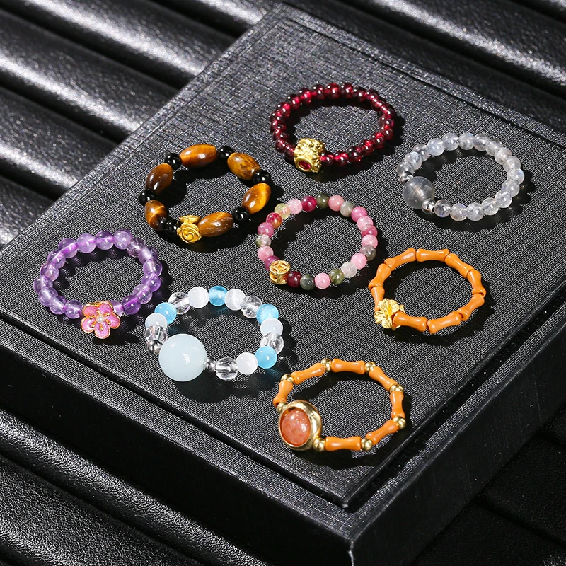Natural Gemstone Small Bead Crystal Rings for Women Trendy Handmade Stretch Rings Reiki Healing Party Gifts Couple Jewelry