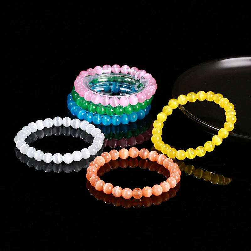Natural Stone White Blue Yellow Cat Eyes Stone Round Bead Bracelets Women Trendy 6 8 10mm Elastic Rope Bracelet Yoga Jewelry - Image 2