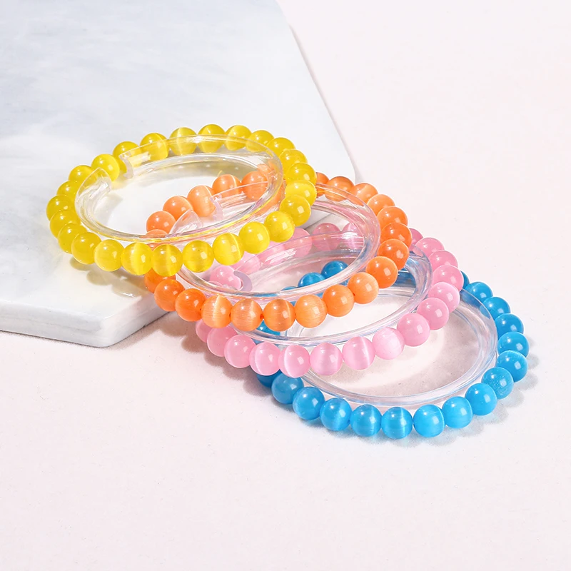 Natural Stone White Blue Yellow Cat Eyes Stone Round Bead Bracelets Women Trendy 6 8 10mm Elastic Rope Bracelet Yoga Jewelry - Image 3