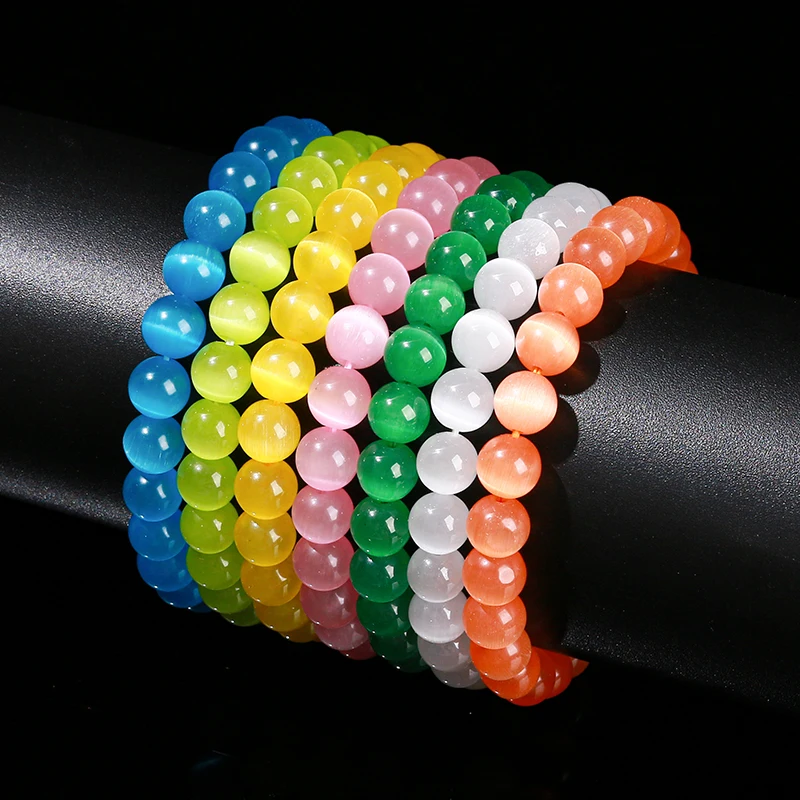 Natural Stone White Blue Yellow Cat Eyes Stone Round Bead Bracelets Women Trendy 6 8 10mm Elastic Rope Bracelet Yoga Jewelry