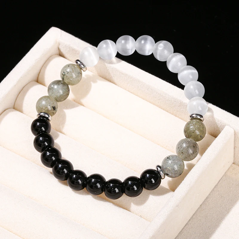 Natural White Cat Eyes Stone Spectrolite Stone Mixed Lucky Bracelet Women Trendy Round Bead Stretch Bangles Simple Jewelry - Image 2
