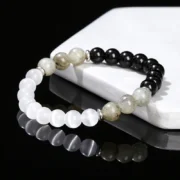 Natural White Cat Eyes Stone Spectrolite Stone Mixed Lucky Bracelet Women Trendy Round Bead Stretch Bangles Simple Jewelry