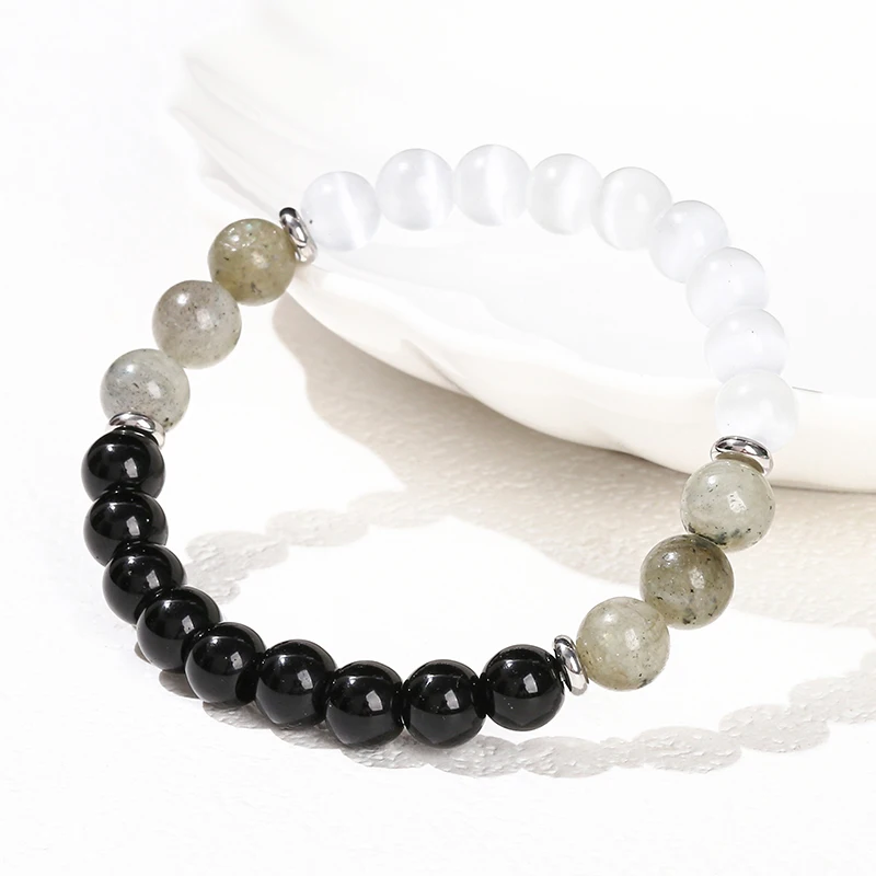 Natural White Cat Eyes Stone Spectrolite Stone Mixed Lucky Bracelet Women Trendy Round Bead Stretch Bangles Simple Jewelry - Image 3