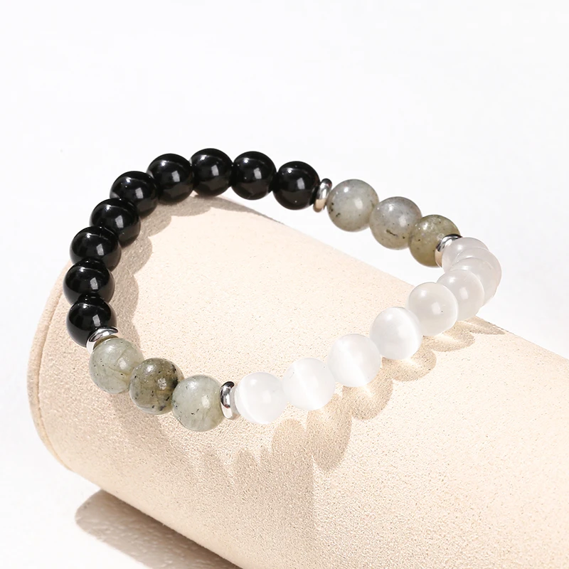 Natural White Cat Eyes Stone Spectrolite Stone Mixed Lucky Bracelet Women Trendy Round Bead Stretch Bangles Simple Jewelry - Image 4